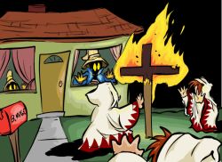  black_mage burning cross final_fantasy final_fantasy_i fire house ku_klux_klan mailbox night o_o outdoors parody racism white_mage window  rating:Questionable score:36 user:Submariner