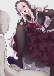 1boy 1girl assertive_female breasts doll_joints dress fangs femdom gothic_lolita hair_ornament headband indie_virtual_youtuber joints jowol large_breasts lolita_fashion long_hair looking_at_another purple_dress purple_hair purple_headband red_eyes ribbon smile stepped_on stepping_on_penis stormcow sweatdrop testicles very_long_hair