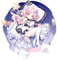  1girl ahoge ark_order bare_shoulders closed_mouth detached_sleeves dot_mouth dress expressionless frilled_dress frilled_pillow frilled_sleeves frills full_body hair_ornament hair_ribbon horns horse_tail jewelry long_hair long_sleeves looking_at_viewer lying no_shoes official_art on_side pillow pink_hair pointy_ears ribbon round_image single_horn solo stellated_octahedron tail thighhighs transparent_background tsukimi_(xiaohuasan) two_side_up unicorn_(ark_order) unicorn_girl variant_set white_dress white_thighhighs x_hair_ornament yellow_eyes 