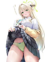  1girl black_skirt blue_archive blush breasts buttons cardigan cleavage clothes_lift collared_shirt fingernails gluteal_fold green_eyes green_halo green_panties hair_between_eyes hair_ornament hair_ribbon halo highres id_card large_breasts lifted_by_self light_brown_hair long_hair long_sleeves looking_at_viewer nonomi_(blue_archive) open_cardigan open_clothes open_mouth panties plaid pleated_skirt ribbon sayika shirt simple_background skirt skirt_lift smile solo standing sweat translation_request underwear white_background white_shirt yellow_cardigan 