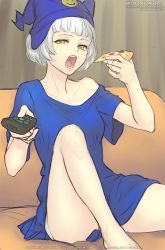  1girl artist_name breasts commentary controller couch elizabeth_(persona) food gofelem hat looking_at_viewer open_mouth persona persona_3 pizza remote_control short_hair solo yellow_eyes  rating:Sensitive score:33 user:danbooru
