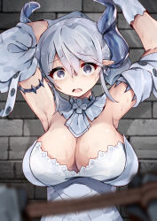  2girls armpits breasts brick_wall cleavage demon_girl demon_horns dress duel_monster earrings female_pov gloves grey_eyes grey_hair highres horns indoors jewelry knight_(yu-gi-oh!) large_breasts lovely_labrynth_of_the_silver_castle medium_hair multiple_girls open_mouth pointy_ears pov rope scared se-u-ra solo_focus sweat tearing_up yu-gi-oh!  rating:Questionable score:11 user:danbooru