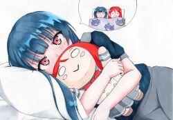 1girl blue_hair blue_shirt blunt_bangs blush character_doll closed_eyes closed_mouth commentary_request covered_mouth grey_pants hair_flowing_over highres hugging_doll hugging_object long_hair looking_at_viewer love_live! love_live!_sunshine!! lying on_side pants pillow red_eyes red_hair sakurauchi_riko school_uniform shirt short_sleeves sidelocks takaboooooooou traditional_media tsushima_yoshiko under_covers upper_body uranohoshi_school_uniform white_background winter_uniform 