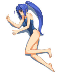 00s 1girl a1_(initial-g) barefoot blue_hair breasts closed_eyes competition_swimsuit feet hayase_mitsuki kimi_ga_nozomu_eien long_hair lying medium_breasts on_side one-piece_swimsuit ponytail solo swimsuit unconscious rating:Sensitive score:4 user:danbooru