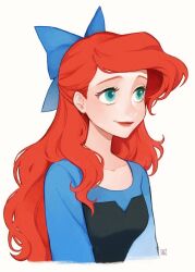  1girl aqua_eyes ariel_(disney) black_dress blue_bow blue_shirt bow breasts closed_mouth disney dress hair_bow hair_over_shoulder half_updo long_hair looking_to_the_side medium_breasts portrait red_hair red_lips shirt shirt_under_dress signature smile solo strapless strapless_dress swept_bangs the_little_mermaid upper_body wavy_hair white_background yokotn 