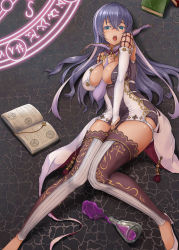 1girl :o arm_between_breasts between_breasts blue_eyes blush book breasts bridal_gauntlets cleavage_cutout clothing_cutout colored_eyelashes covering_privates covering_crotch dress erlenmeyer_flask eyebrows fishnets flask from_above garter_straps grimoire hair_between_eyes highres isabelle_(shadowverse) jewelry knees_together_feet_apart large_breasts liquid long_hair looking_at_viewer magic_circle multicolored_hair on_floor oonaka_ito open_book print_thighhighs purple_hair ring shadowverse shoes short_dress skindentation solo spill tassel teeth thighhighs thighs toeless_legwear two-tone_hair white_footwear white_hair rating:Sensitive score:36 user:danbooru