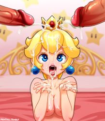 1girl blonde_hair blue_eyes breasts bukkake cleavage commentary crown cum cum_on_hair cum_on_hands cupping_hands disembodied_penis earrings ejaculation facial jewelry lips long_hair mario_(series) multiple_penises neocoill nintendo nipples nude open_mouth own_hands_together penis princess_peach uncensored rating:Explicit score:151 user:danbooru