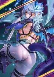  1girl ass bare_back centur-ion_atry colored_tips dragon_girl dragon_horns dragon_tail dragon_wings duel_monster flag holding holding_flag horns kurage444 long_hair messy_hair multicolored_hair pantyhose purple_eyes short_hair solo tail white_pantyhose wings yu-gi-oh!  rating:Sensitive score:5 user:danbooru