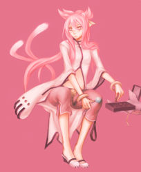  1girl animal_ears arc_system_works bell blazblue bracelet candy cat_ears cat_girl cat_tail chocolate female_focus food full_body glasses jewelry kokonoe_(blazblue) kzm_(acidloops) lab_coat lollipop long_hair multiple_tails pants pink_hair ponytail ribbon sandals simple_background sitting solo tail yellow_eyes yellow_ribbon 
