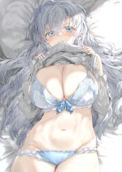  1girl absurdres blue_bra blue_eyes blue_panties bra breasts cleavage groin hair_between_eyes highres huge_breasts kou_mashiro lace lace_bra lace_panties large_breasts light_blush long_bangs long_hair looking_at_viewer lying messy_hair mole mole_on_breast mouth_hold navel on_back on_bed original panties pillow ribbed_sweater shirt_hold sidelocks solo stomach sweater underwear very_long_hair white_hair white_sweater  rating:Sensitive score:7 user:danbooru