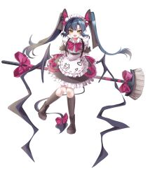  1girl :d absurdres apron black_footwear black_hair black_socks boots broom commentary_request hayuk0 highres long_hair looking_at_viewer maid maid_headdress open_mouth original simple_background smile socks solo tail twintails white_background wings yellow_eyes 
