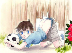 1boy artist_request ass ball blue_eyes brown_hair butt_crack embarrassed fence looking_at_viewer lowres male_focus shoes shorts shota soccer_ball socks solo surprised rating:Questionable score:38 user:Ardy008