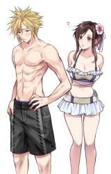  1boy 1girl ? abs bikini bikini_skirt blue_eyes blush brown_eyes cloud_strife cloud_strife_(wild_surf) curious embarrassed final_fantasy final_fantasy_vii final_fantasy_vii_rebirth final_fantasy_vii_remake flower frilled_bikini frilled_bikini_top frills hair_flower hair_ornament hands_on_own_hips highres leaning_forward looking_at_another male_swimwear microskirt muscular muscular_male official_alternate_costume official_alternate_hairstyle quichi_91 skirt swim_trunks swimsuit thong_bikini tifa_lockhart tifa_lockhart_(shining_spirit) topless_male white_bikini 