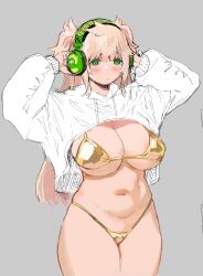  1girl absurdres awesomeerix bikini blonde_hair blush breasts character_request cleavage copyright_request cropped_jacket gold_bikini green_eyes headphones highres large_breasts long_hair long_sleeves navel solo swimsuit thighs 