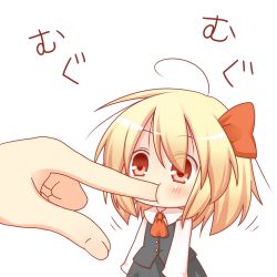  1girl ahoge ascot biting blonde_hair bow embodiment_of_scarlet_devil female_focus finger_biting finger_in_another&#039;s_mouth finger_in_own_mouth hair_bow hand_focus kohsan_ kousa_(black_tea) mini_person minigirl red_eyes rumia simple_background solo touhou translated  rating:Sensitive score:27 user:danbooru