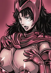  10s breasts exiles gloves hat helmet huge_breasts marvel nipples scarlet_witch sweat tongue warainaku x-men  rating:Questionable score:75 user:giogiovanna