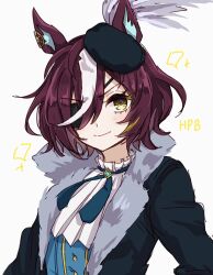  &gt;:) 1girl animal_ears ascot beret black_hat black_jacket blue_shirt blush closed_mouth commentary_request eyepatch fur-trimmed_jacket fur_trim grey_background hair_over_one_eye hat hide_oo highres horse_ears jacket multicolored_hair open_clothes open_jacket purple_hair shirt simple_background smile solo streaked_hair tanino_gimlet_(umamusume) tilted_headwear umamusume upper_body v-shaped_eyebrows white_ascot white_hair yellow_eyes 