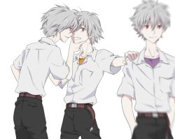 3boys belt collared_shirt grey_hair hands_in_pockets holding_another&#039;s_shoulder imminent_kiss male_focus multiple_boys multiple_persona nagisa_kaworu neon_genesis_evangelion omiko pants red_eyes school_uniform selfcest shirt white_background yaoi
