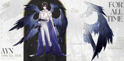  1boy alternate_costume arm_at_side aura ayn_alwyn black_background black_footwear black_gloves black_hair black_wings blue_cape blue_gemstone boots cape character_name character_sheet chinese_text closed_mouth collared_cape collared_shirt copyright_name dangle_earrings dark_aura earrings embroidery english_text expressionless feathered_wings full_body gem gloves hair_between_eyes hand_on_own_arm high-waist_pants highres jewelry lapel_pin lapels long_sleeves looking_at_viewer lovebrush_chronicles male_focus multiple_wings necklace official_art pants partially_unbuttoned red_eyes shirt shirt_tucked_in short_hair single_earring solo standing sunburst two-sided_cape two-sided_fabric white_background white_cape white_pants white_shirt wings 