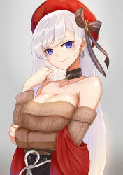 1girl absurdres aran_sweater azur_lane bare_shoulders belfast_(azur_lane) belfast_(shopping_with_the_head_maid)_(azur_lane) beret black_bow black_choker bow breasts brown_sweater cable_knit choker cleavage collarbone commentary der_zweite earrings grey_background hair_bow hand_up hat highres hoop_earrings jewelry large_breasts long_hair long_sleeves looking_at_viewer off-shoulder_sweater off_shoulder official_alternate_costume purple_eyes red_hat silver_hair smile solo sweater upper_body very_long_hair