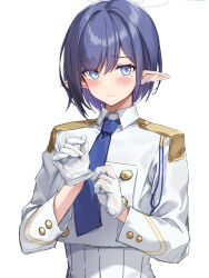  absurdres aoi_(blue_archive) blue_archive blue_hair blue_necktie cropped_jacket gloves highres jacket necktie piercing pointy_ears pulque rebutsu white_gloves 