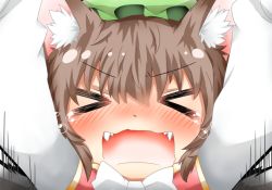 &gt;_&lt; 1girl animal_ears bad_id bad_pixiv_id blush bow brown_hair cat_ears cat_girl chen closed_eyes fangs female_focus hat open_mouth outstretched_arms rebecca_(keinelove) solo tears touhou upper_body rating:Sensitive score:5 user:danbooru