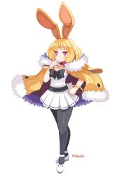 1girl absurdres aged_up animal_ears anini blonde_hair bow bracelet breasts demon_girl disgaea earmuffs full_body fur-trimmed_jacket fur-trimmed_sleeves fur_trim highres jacket jacket_on_shoulders jewelry looking_at_viewer pantyhose rabbit_earmuffs rabbit_ears shoes short_eyebrows short_hair small_breasts smile solo thick_eyebrows usalia_(disgaea) yellow_jacket
