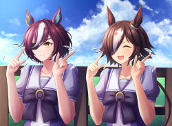  2girls absurdres animal_ears blue_sky bow bowtie brown_hair chuunibyou_demo_koi_ga_shitai! closed_eyes closed_mouth cloud collarbone commentary_request day ear_ornament eyepatch fence finger_twirl hair_between_eyes hair_over_one_eye hands_up highres horse_ears horse_girl horseshoe_ornament index_fingers_raised long_hair low_ponytail motion_lines multicolored_hair multiple_girls open_mouth puffy_short_sleeves puffy_sleeves purple_bow purple_bowtie purple_hair purple_shirt sailor_collar sailor_shirt school_uniform serafuku shirt short_hair short_sleeves sidelocks sky smile sonicxeon sparkling_daydream summer_uniform tanino_gimlet_(umamusume) tracen_school_uniform two-tone_hair umamusume upper_body vodka_(umamusume) white_hair wooden_fence yellow_eyes 