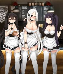  3girls absurdres alchemist_(girls&#039;_frontline) alternate_costume apron architect_(girls&#039;_frontline) arm_around_shoulder armband black_dress black_hair blurry blurry_background blush breasts brown_eyes cafe choker cleavage dress embarrassed enmaided eyepatch frilled_apron frills girls&#039;_frontline griffin_&amp;_kryuger grifon&amp;kryuger highres huge_breasts indoors large_breasts long_hair maid maid_apron medium_breasts multiple_girls nose_blush notepad one_eye_closed ouroboros_(girls&#039;_frontline) parted_lips pen physisyoon pink_eyes puffy_short_sleeves puffy_sleeves red_eyes revision sangvis_ferri short_sleeves side_ponytail skindentation smile standing thighhighs thumbs_up translation_request twintails very_long_hair white_apron white_hair white_legwear wristband zettai_ryouiki 