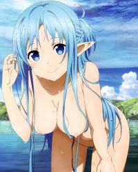  10s 1girl absurdres asuna_(sao) asuna_(sao-alo) bent_over blue_eyes blue_hair breasts cleavage cloud female_focus highres long_hair nipples nude_filter ocean outdoors pussy sky solo standing sword_art_online third-party_edit uncensored water wet  rating:Explicit score:148 user:Tonytaker76