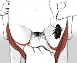  1girl bug clothes_pull cockroach copyright_request fan7 head_out_of_frame insect loli male_hand monochrome object_insertion panties panty_pull pussy pussy_juice shorts shorts_pull uncensored underwear vaginal vaginal_object_insertion 