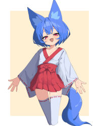  1girl absurdres animal_ear_fluff animal_ears arms_at_sides blue_hair blush bow bow_skirt cowboy_shot crossed_legs fox_ears fox_girl fox_tail highres japanese_clothes long_sleeves looking_at_viewer miko miya_(myakuro) myakuro open_mouth original pleated_skirt red_bow red_eyes red_skirt ribbon-trimmed_sleeves ribbon-trimmed_thighhighs ribbon_trim short_hair skirt slit_pupils solo tail thigh_gap thighhighs tongue watson_cross white_thighhighs wide_sleeves zettai_ryouiki 