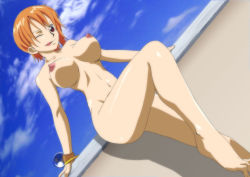  1girl ass barefoot bracelet breasts cloud feet jewelry kyabakurabakufu large_breasts leg_up legs looking_at_viewer nami_(one_piece) naughty_face navel nipples nude one_eye_closed one_piece orange_hair pirate red_eyes short_hair sky smile solo standing thighs toes tongue tongue_out wink  rating:Questionable score:97 user:Kentabarou