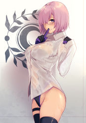 1girl black-framed_eyewear black_gloves black_leotard black_thighhighs blush breasts buttons cleavage_cutout clothing_cutout collared_shirt cowboy_shot dress_shirt elbow_gloves fate/grand_order fate_(series) finger_to_mouth from_side glasses gloves grin groin hair_over_one_eye halterneck heart heart-shaped_pupils highleg highleg_leotard highres index_finger_raised large_breasts leotard leotard_under_clothes light_purple_hair logo long_sleeves looking_at_viewer mash_kyrielight multicolored_clothes multicolored_gloves navel_cutout parted_lips pochi_(pochi-goya) purple_eyes purple_gloves purple_leotard rectangular_eyewear see-through shadow shirt short_hair shushing sideboob smile solo standing symbol-shaped_pupils thigh_strap thighhighs thighs turtleneck unbuttoned wet wet_clothes wet_hair wet_shirt white_shirt rating:Questionable score:46 user:danbooru