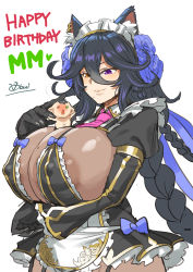  1boy 1girl animal_ear_fluff animal_ears apron areola_slip artist_name black_gloves black_hair blue_flower blue_ribbon blue_rose bodystocking braid breasts cat_ears commentary_request covered_erect_nipples earrings flipped_hair flower frills gloves green_eyes happy_birthday heterochromia highres huge_breasts jewelry jissouseki juliet_sleeves last_origin long_sleeves maid maid_apron mini_person miniboy mole mole_on_breast mole_under_mouth necktie obui orange_eyes parted_lips pink_neckwear poi_(last_origin) puffy_sleeves purple_eyes red_eyes ribbon rose rozen_maiden short_necktie smile white_background 