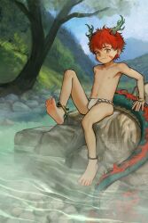  1boy absurdres barefoot blue_eyes chenyige closed_mouth commentary_request dragon_boy dragon_horns dragon_tail feet full_body fur-tipped_tail green_horns highres horns kemonomimi_mode looking_at_viewer male_focus monster_boy mountainous_horizon multicolored_eyes navel nipples onsen original outdoors red_eyes red_hair rock shota sitting solo tail toes topless_male tree water 