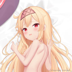  1girl artist_request back bandaid bandaids_on_nipples bed_sheet blonde_hair blush breasts completely_nude cropped hair_between_eyes hairband little_witch_nobeta long_hair looking_at_viewer looking_back lying nobeta nude official_art on_bed open_mouth pasties red_eyes sideboob small_breasts solo upper_body 