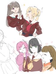 5girls :/ :3 ;p ^_^ ahoge anyoji_hime aqua_neckerchief black_bow black_hair blonde_hair blue_eyes blue_hair blunt_bangs blunt_ends bow braid brown_dress brown_hair center-flap_bangs closed_eyes closed_mouth collared_shirt cropped_torso dress fang flower flower_(symbol) flower_knot fujishima_megumi gradient_hair green_eyes hair_bow hair_flower hair_ornament hands_on_own_hips hasu_no_sora_school_uniform highres hood hooded_jacket jacket kachimachi_kosuzu light_blue_hair link!_like!_love_live! long_hair long_sleeves looking_at_another love_live! momose_ginko multi-tied_hair multicolored_hair multiple_girls muneta_(ntani_2) neckerchief one_eye_closed open_clothes open_jacket open_mouth osawa_rurino own_hands_together parted_bangs pink_hair pink_jacket ponytail purple_eyes red_neckerchief sailor_collar sailor_dress school_uniform shirt short_hair side_braids sidelocks simple_background skin_fang smile star_(symbol) swept_bangs tongue tongue_out translation_request twintails two_side_up virtual_youtuber white_background white_flower white_sailor_collar winter_uniform yellow_neckerchief yellow_shirt 