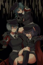  3girls aiming aiming_at_viewer ascot belt black_ascot black_bow black_footwear black_gloves black_hat black_jacket black_skirt blue_hair boots bow breasts broken_heart_print cape closed_mouth collared_shirt commentary_request cookie_(touhou) crossed_legs ein_(cookie) feet_out_of_frame geru_futota gloves green_bow grey_belt grey_eyes grey_hair gun hair_between_eyes hair_bow hat highres holding holding_gun holding_megaphone holding_weapon izayoi_sakuya jacket large_breasts looking_at_viewer medium_bangs medium_breasts megaphone military_hat military_uniform multiple_girls odoro_(nicoseiga81184094) open_mouth purple_eyes purple_hair red_cape remilia_scarlet rifle shirt short_hair skirt sniper_rifle teeth thumbs_down touhou uniform weapon white_shirt zwei_(cookie) 