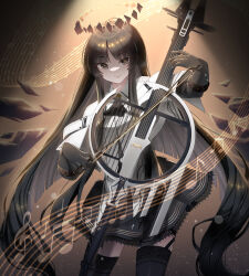  1girl arknights ascot black_ascot black_garter_straps black_gloves black_hair black_skirt black_thighhighs bow_(music) broken_halo brown_eyes brown_hair brown_halo brown_wings cello closed_mouth collared_jacket colored_inner_hair commentary contrapposto cowboy_shot dark_halo detached_wings diamond-shaped_pupils diamond_(shape) energy_wings eyelashes garter_straps gloves halo hands_up highres holding holding_bow_(music) holding_instrument instrument jacket lace lace-trimmed_skirt lace_trim layered_sleeves light_particles long_sleeves looking_at_viewer miniskirt mole mole_under_eye multicolored_hair music musical_note playing_instrument rinzy short-sleeved_jacket short_over_long_sleeves short_sleeves skirt smile solo spotlight staff_(music) standing strap symbol-shaped_pupils thighhighs two-tone_hair variant_set virtuosa_(arknights) white_jacket wide_sleeves wing_collar wings yellow_pupils 