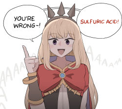  1girl :d arm_up armlet blonde_hair blunt_bangs blush_stickers bracelet cagliostro_(granblue_fantasy) cape commentary empty_eyes english_commentary english_text granblue_fantasy highres hood jewelry long_hair mata_(matasoup) meme open_mouth pointing purple_eyes short_sleeves sidelocks smile solo speech_bubble spiked_headband tiara  rating:General score:20 user:danbooru