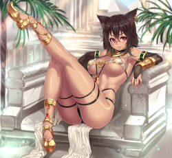  1girl :3 animal_ears armlet armpits bare_shoulders bastet_(houtengeki) bastet_(mythology) bikini black_hair blush bracer breasts bridal_gauntlets cat_ears cat_girl dark-skinned_female dark_skin earrings egyptian elbow_gloves female_focus gloves gold_trim highres houtengeki jewelry kneepits large_breasts leg_up legs looking_at_viewer lots_of_jewelry necklace open_m/ original pelvic_curtain plant pyramid_(structure) reclining red_eyes revealing_clothes short_hair sideways_glance sitting smile solo swimsuit tan thick_thighs thigh_strap thighs underboob usekh_collar  rating:Questionable score:570 user:danbooru