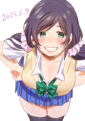 10s 1girl 2015 bad_id bad_twitter_id blush bow bowtie breasts cleavage dated downblouse green_eyes grin hands_on_own_hips highres jpeg_artifacts kamiyama_aya large_breasts leaning_forward long_hair looking_at_viewer love_live! love_live!_school_idol_project otonokizaka_school_uniform purple_hair school_uniform skirt smile solo standing tojo_nozomi twintails white_background rating:Sensitive score:45 user:danbooru