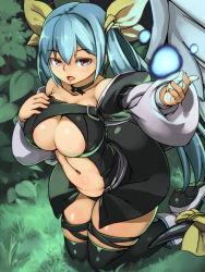 1girl asymmetrical_wings bare_shoulders belly blue_hair blush boots breasts cleavage curvy dizzy_(guilty_gear) female_focus guilty_gear hair_ribbon kawacchi_hirohiro kneeling knees_together_feet_apart large_breasts long_hair looking_at_viewer magic navel open_mouth outstretched_arm red_eyes ribbon solo tail tail_ornament tail_ribbon thick_thighs thighhighs thighs underboob wide_hips wings rating:Sensitive score:29 user:danbooru