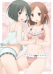  2girls :d :o black_eyes black_hair blush bow bow_bra bow_panties bra breasts brown_eyes brown_hair camisole commentary_request cover fujimiya_kaori haruna_mao holding_hands interlocked_fingers isshuukan_friends looking_at_viewer medium_breasts multiple_girls open_mouth panties pink_bra pink_panties revision ribbon-trimmed_underwear ribbon_trim short_hair small_breasts smile underwear underwear_only white_panties yamagishi_saki 