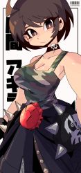  1girl absurdres arms_at_sides artist_name barcode black_choker black_gloves black_jacket breasts bright_pupils brown_hair camouflage capcom choker cleavage clothes_around_waist cowboy_shot gloves highres jacket jacket_around_waist jiansketch justice_gakuen kazama_akira large_breasts looking_at_viewer shiny_skin shirt short_hair sleeveless sleeveless_shirt solo spikes street_fighter white_background  rating:Sensitive score:9 user:ArchieNoah