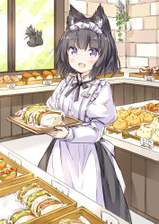 1girl :d animal_ear_fluff animal_ears apron bakery black_bow black_hair black_skirt blush bow bread brick_wall cat_ears commentary_request day fang food frilled_apron frills holding holding_tray indoors juliet_sleeves komugi_(wataame27) long_sleeves looking_at_viewer maid_headdress open_mouth original puffy_sleeves purple_eyes sandwich shirt shop skirt smile solo translation_request tray wataame27 white_apron white_shirt window rating:Sensitive score:1 user:danbooru
