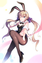  1girl animal_ears black_bow black_bowtie black_leotard blonde_hair blue_eyes bow bowtie breasts brown_pantyhose chinese_commentary cleavage commentary_request detached_collar fake_animal_ears fishnet_pantyhose fishnets foreshortening hair_bow hair_ornament highres kagami_(galgamesion) koiiro_soramoyou leotard long_hair medium_breasts one_eye_closed pantyhose playboy_bunny purple_bow rabbit_ears rabbit_girl shinohara_sera simple_background solo strapless strapless_leotard twintails white_background wrist_cuffs 