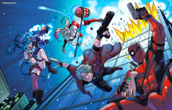  &gt;:) 2boys 2girls :d :o arm_tattoo belt belt_pouch black_footwear black_gloves black_pants bodysuit boots braid breasts building cleavage cloud_tattoo crossover dante_(devil_may_cry) darkereve dc_comics deadpool devil_may_cry_(series) dual_wielding ebony_&amp;_ivory explosion fingerless_gloves fishbones_(jinx) gloves gun harley_quinn holding holding_gun holding_mallet holding_rocket_launcher holding_weapon jacket jinx_(league_of_legends) jumping large_breasts league_of_legends long_sleeves mallet marvel midriff multicolored_hair multiple_boys multiple_girls navel night night_sky open_mouth pants pouch red_bodysuit red_gloves red_jacket red_thighhighs rocket_launcher sky skyscraper smile stomach_tattoo streaked_hair stuffed_unicorn tattoo thighhighs twin_braids twintails two-tone_bodysuit uneven_eyes v-shaped_eyebrows weapon white_hair 