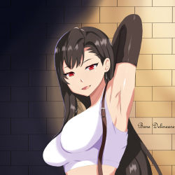  absurdres armpits black_hair breasts clothes earrings final_fantasy final_fantasy_vii final_fantasy_vii_remake highres jewelry large_breasts long_hair multicolored_hair open_mouth red_eyes shadow square_enix streaked_hair tifa_lockhart tongue  rating:Sensitive score:11 user:MataneIko